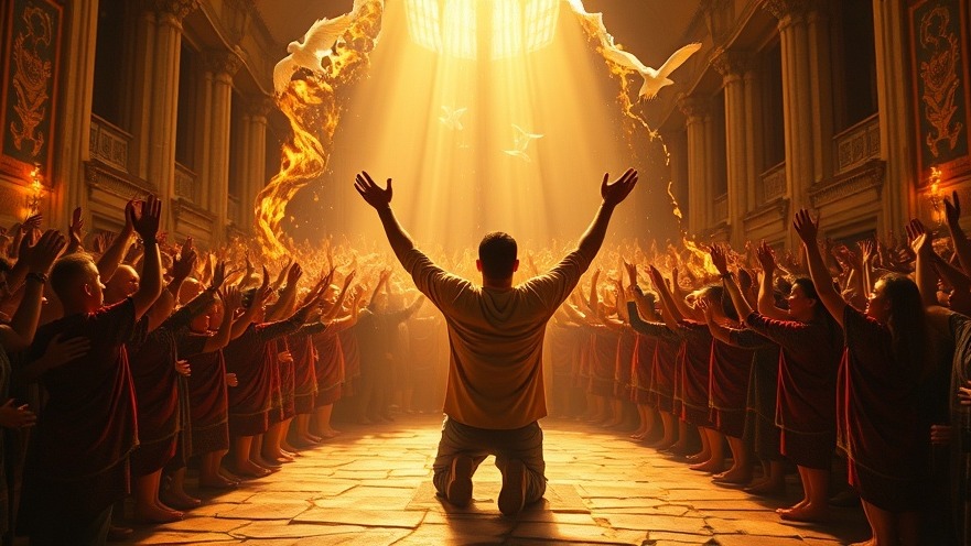 A powerful Holy Spirit Prayer Service in a glowing cathedral, with radiant worship.