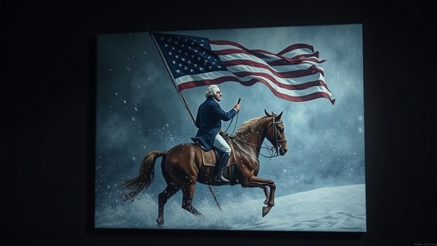 George Washington on horseback in a snowstorm, embodying spiritual leadership and compassion.