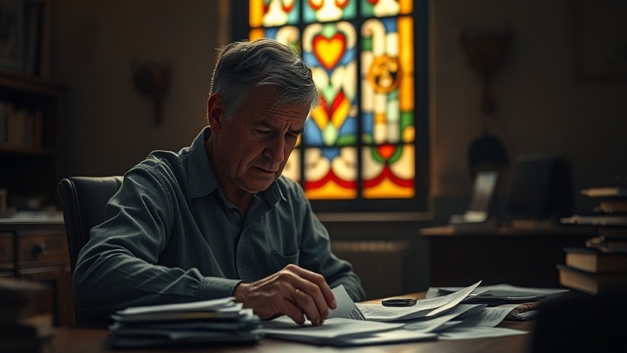 Middle-aged man in spiritual warfare, contemplating miracles and healings at a desk.