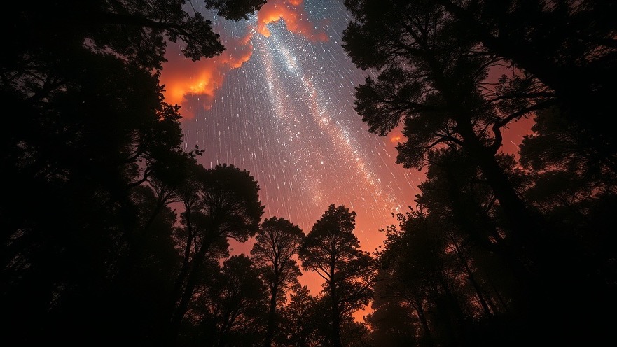 A vibrant view of cosmic mist and glowing embers above dark green trees, embodying Rick Renner's Faith Driven biblical themes.