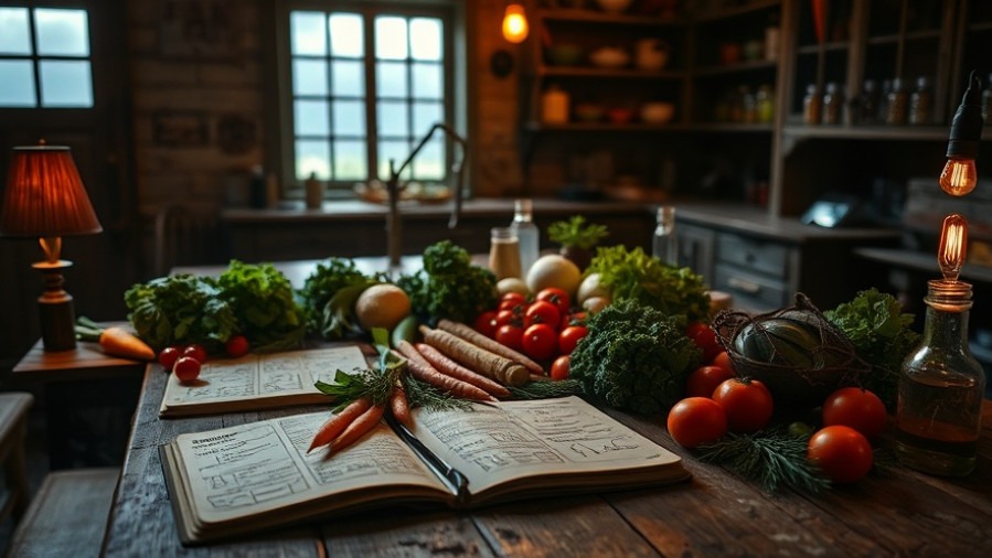 A rustic farmhouse kitchen scene with fresh vegetables and notebooks on a wooden table, highlighting biblical nutrition and healing leaves.