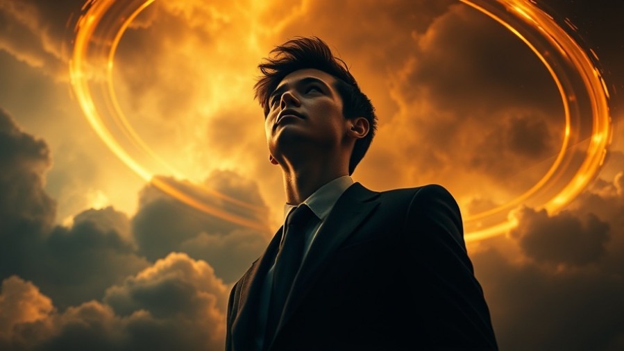 Young man in dark suit amidst fiery sky, embodying spiritual authority and power of prayer.