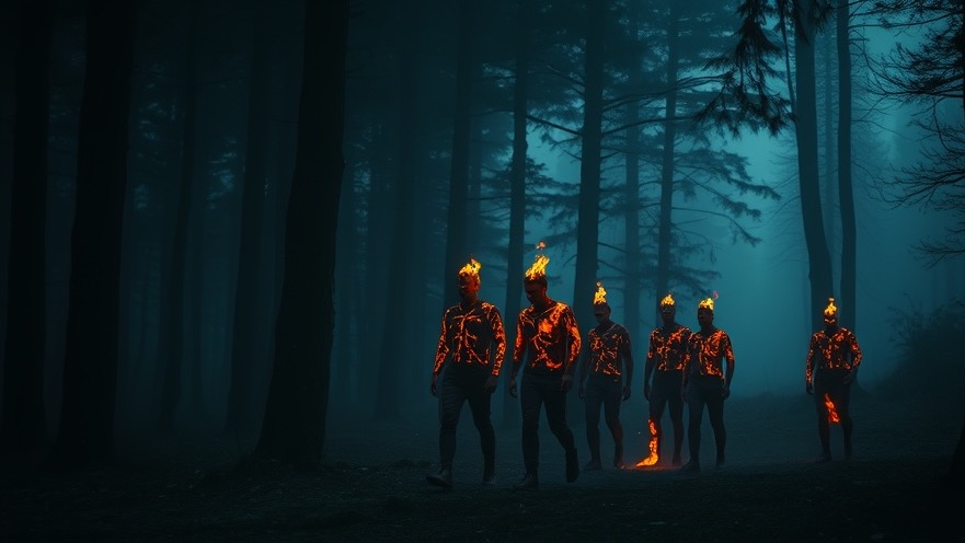 A cinematic forest scene depicting spiritual warfare with fiery figures glowing in the dark.