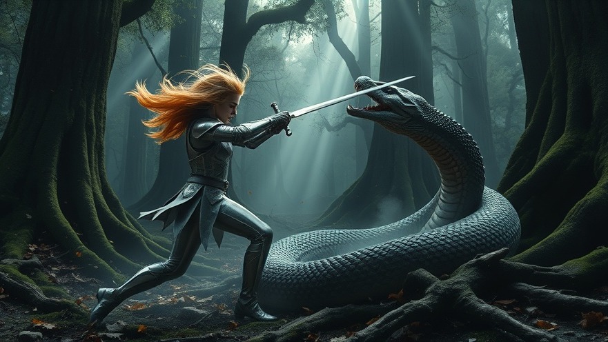 Young warrior amid spiritual warfare in a misty forest, wielding her sword with power.