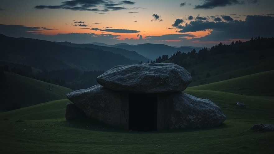 Twilight scene of Jesus's resurrection, showcasing an empty tomb with a rolled stone.
