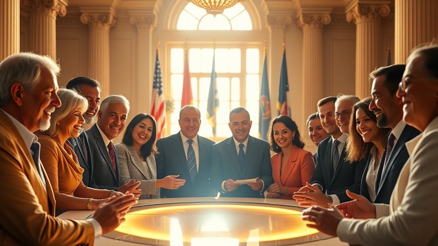 Diverse government leaders in a sunlit chamber, promoting prayer and unity in military actions.
