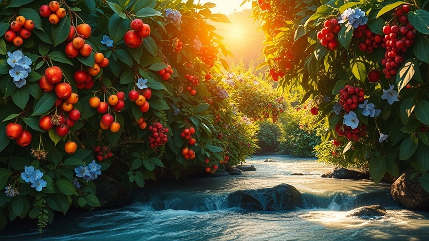 A tranquil garden symbolizing spiritual transformation with vibrant fruits and flowers.