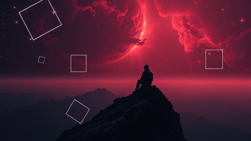 A solitary figure on a mountain peak gazes into a cosmic realm, embodying prophetic insights.