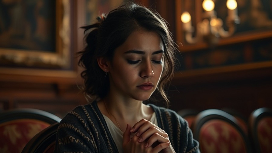 A young woman in prayer, embodying the challenge to overcome stress, lit with warmth.