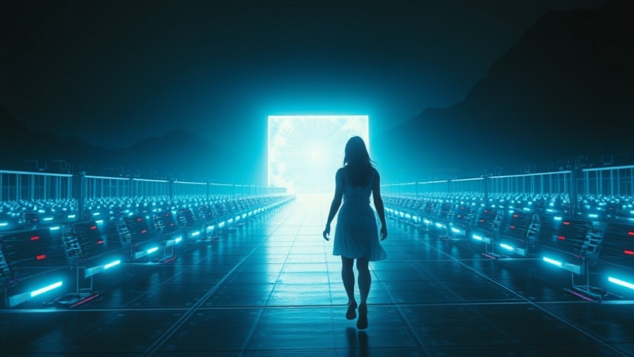 A young woman seeking direction through glowing spiritual barriers in a futuristic scene.
