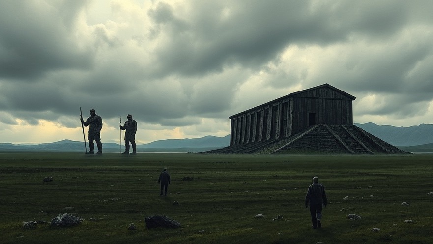 Cinematic oil painting of giants looming over dark green fields, symbolizing spiritual awakening.