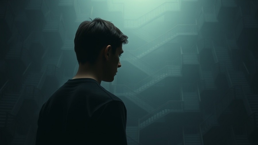 A young man contemplates spiritual patterns of struggles amidst endless staircases.
