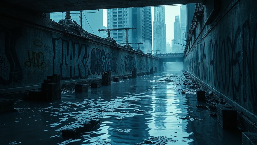 A flooded sewage system in a decaying city, symbolizing moral decay and societal issues.