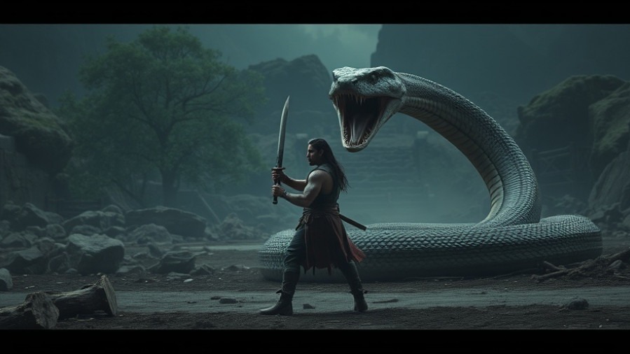 Warrior confronts a massive snake in a dramatic battle scene, symbolizing spiritual warfare.