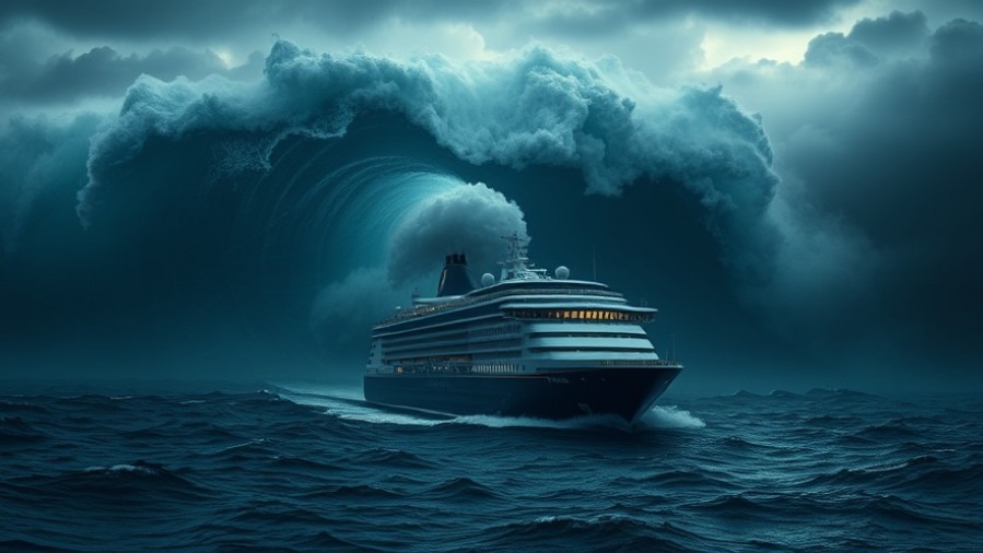 A massive cruise ship battles a colossal tsunami wave, symbolizing spiritual warfare in prophetic update.