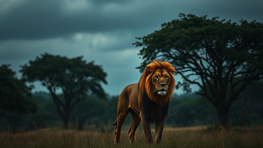 A majestic lion in a dim African horizon symbolizes generational success and empowerment.