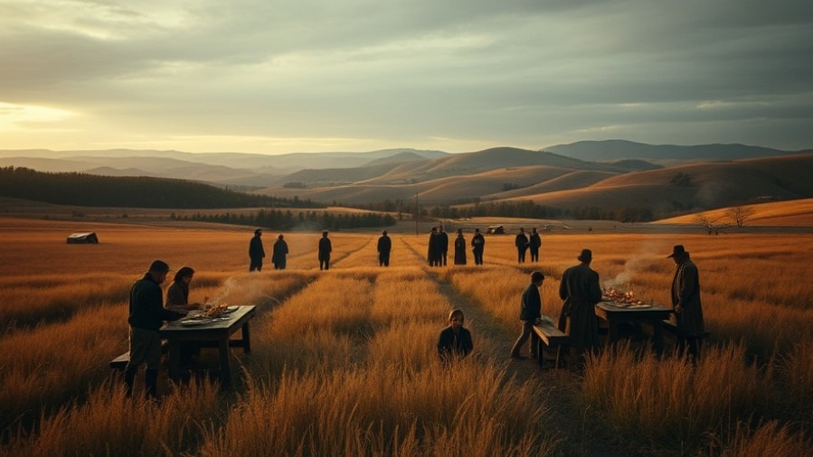 Thanksgiving gathering in an autumn valley illustrating Pilgrim lessons, faith, and community.