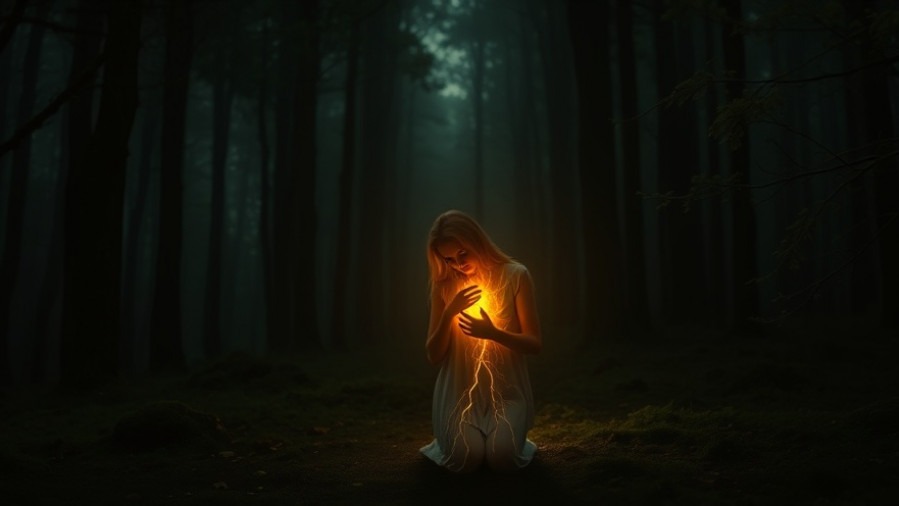 A young woman embodies spiritual warfare as golden light reveals her power of prayer in a serene forest.