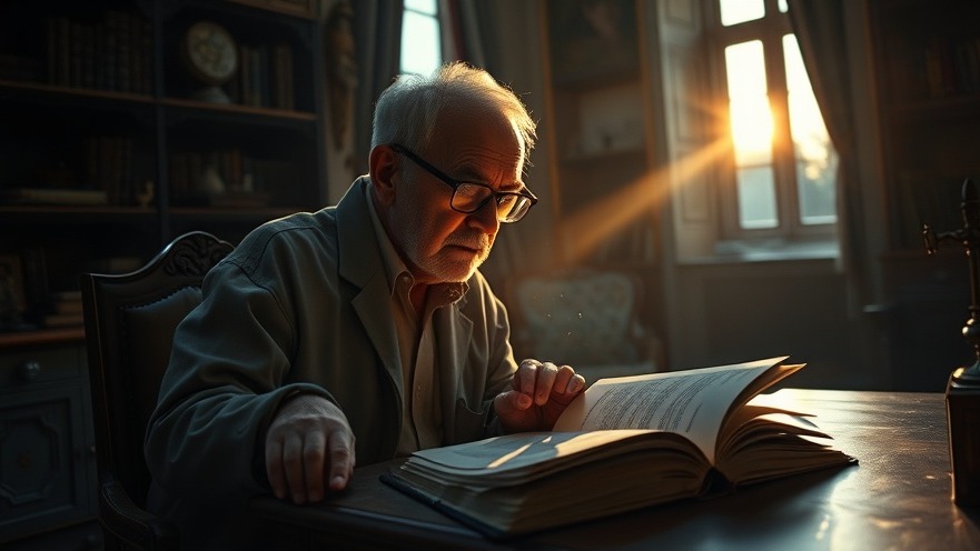 Elderly man immersed in spiritual misalignment insights, reading at dawn.