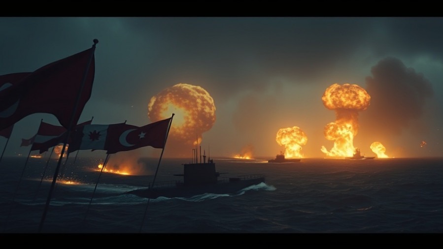 Cinematic scene depicting Venezuela's geopolitical implications: flags, explosions, and submarines.