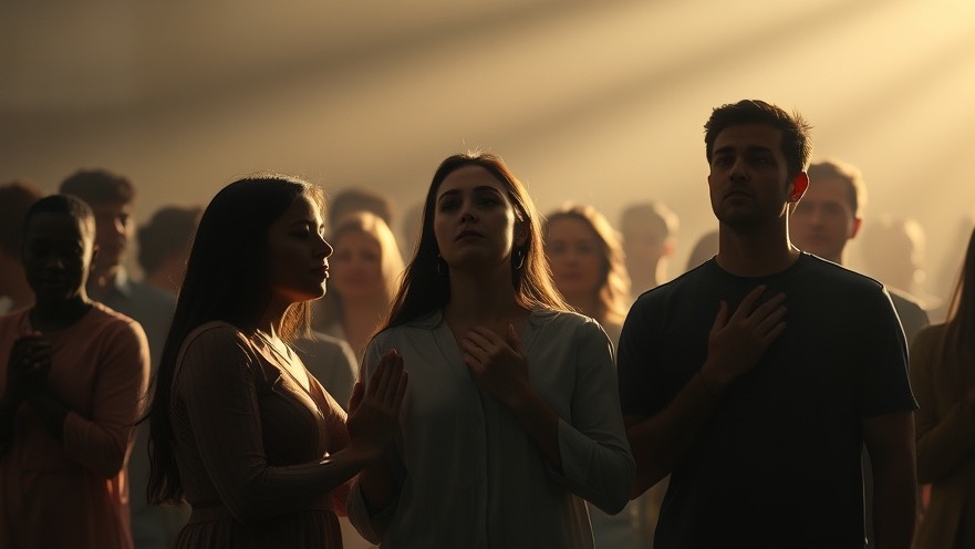 A diverse group in prayer, illuminated by healing light, embodying divine power.