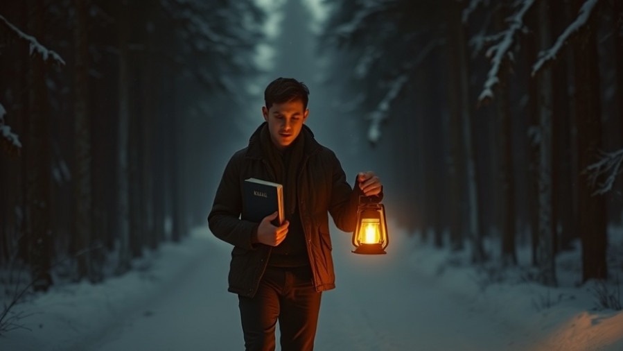 A young man with a Bible and lantern walks a snowy trail, symbolizing spiritual breakthroughs.