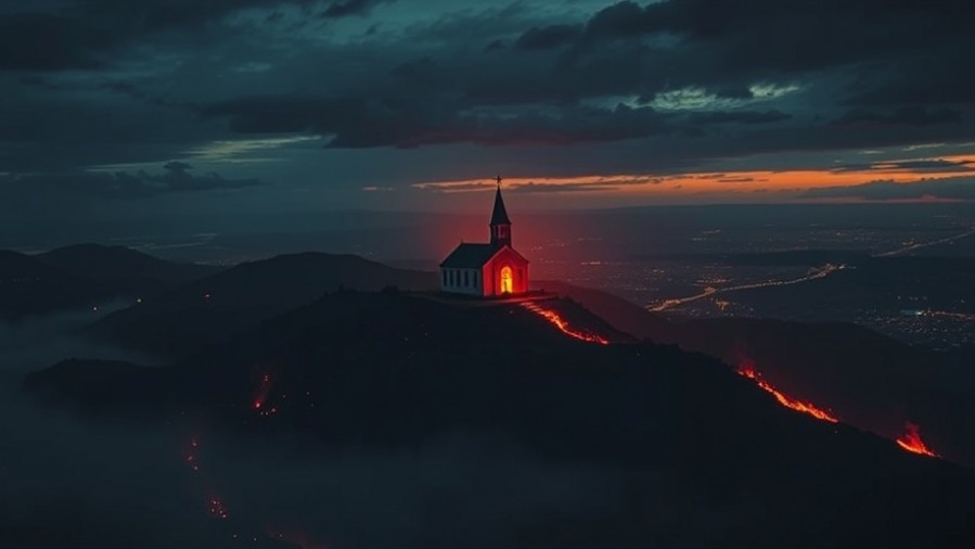 Cinematic church aflame with spiritual warfare, embodying Dutch Sheets' power of prayer.