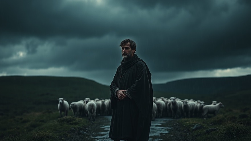 A shepherd in dark hills symbolizes protection, embodying spiritual warfare for prophetic believers.