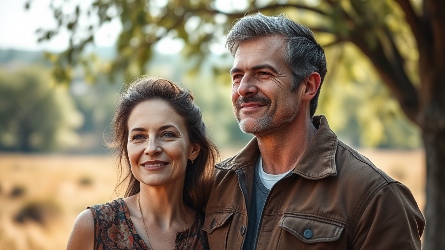 Middle-aged couple in nature embodying longevity and vitality through connection.