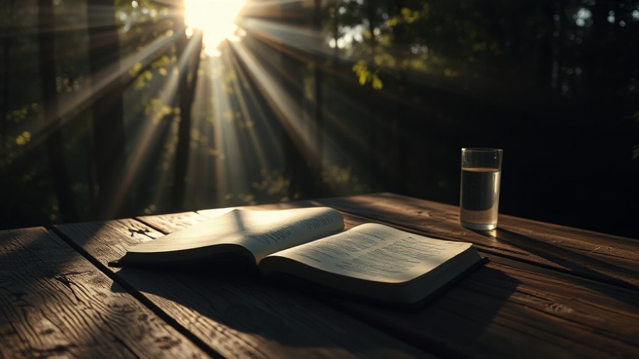Sunlight breaks through trees onto a table with a Bible and journal, reflecting spiritual warfare insights.