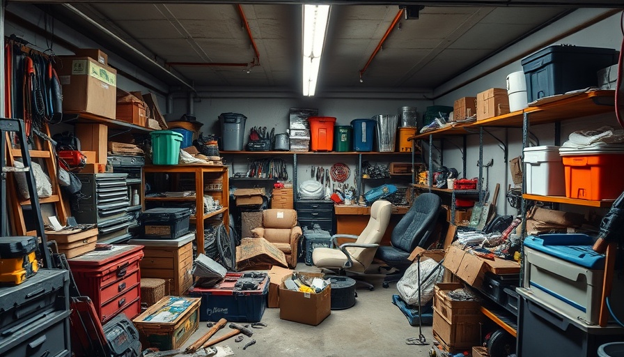 Cluttered garage needing decluttering, with scattered tools and boxes.