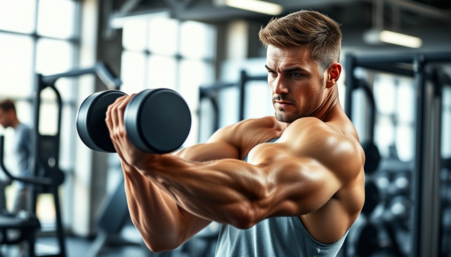 Muscular man demonstrating dumbbell shoulder press technique in gym.