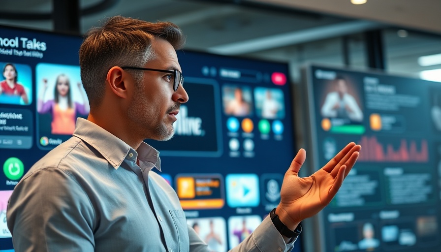 Modern digital interface showcasing universal app frontend features with presenter.