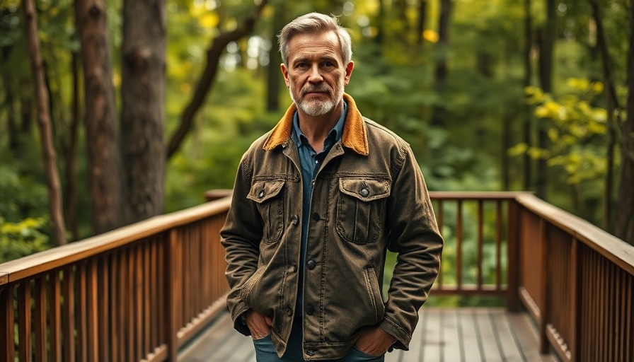 Flint and Tinder Waxed Trucker Jacket on mature man outdoors