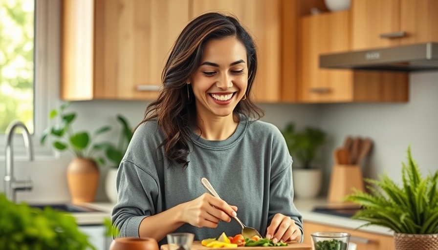 Smiling woman preparing meal in kitchen with fresh greens.