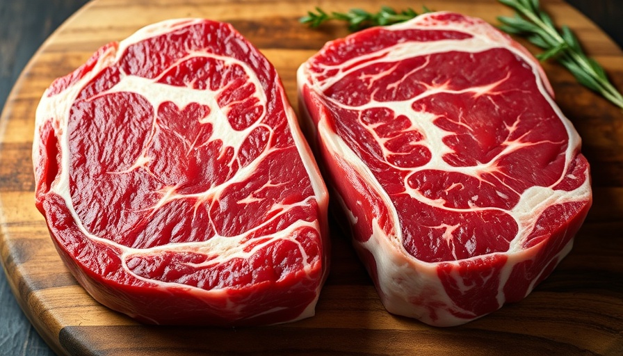 Ribeye steaks showcasing marbling; Portable SERS test for beef safety.