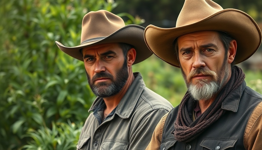 Rugged cowboys depicting tensions of male friendship amidst greenery.