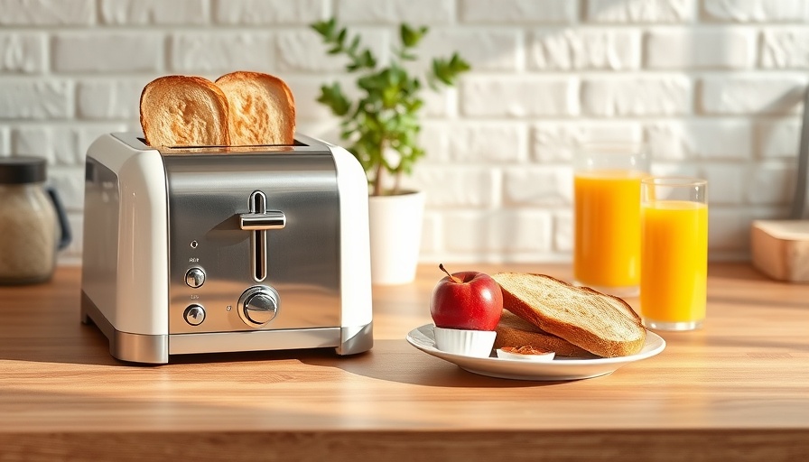 Breakfast setup showing toaster, toast, fruit, and juice