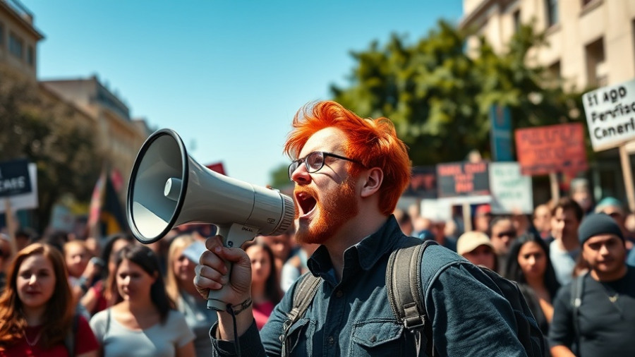 No Kings protests: protestor with megaphone in sunny urban street.