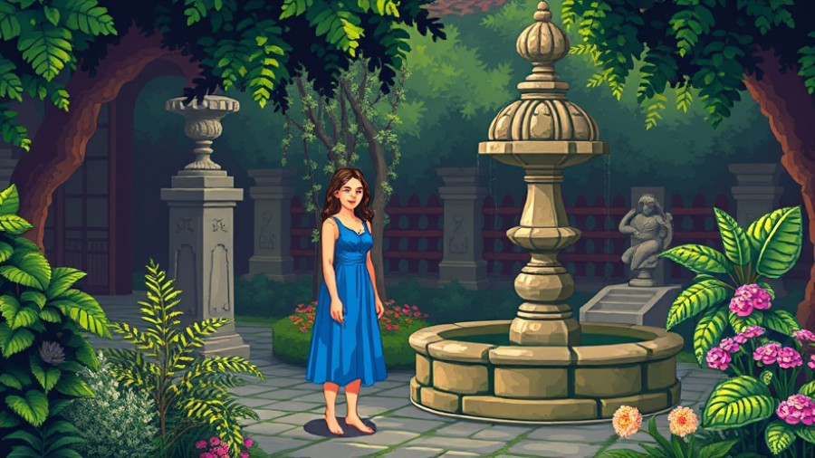 Retro pixel art garden scene from Roberta Williams The Colonel's Bequest.