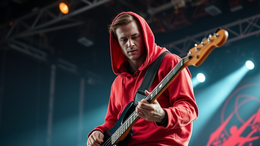 Sam Rivers of Limp Bizkit performing on stage in red hoodie.