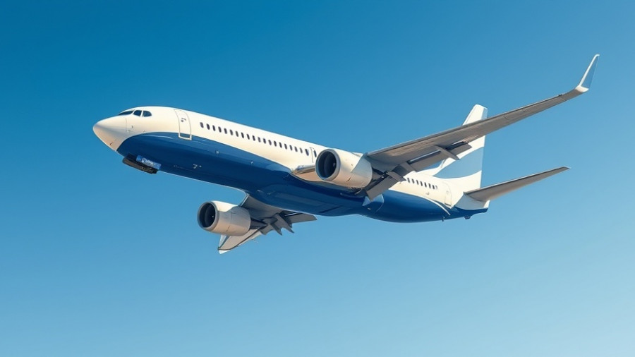 Boeing 737 soaring through a clear blue sky, United Airlines flight struck by space debris.