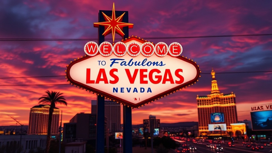 Vibrant Las Vegas sign at sunset, welcoming glow.