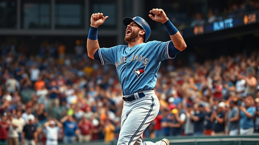 Blue Jays player celebrating in 2025 World Series against Dodgers.