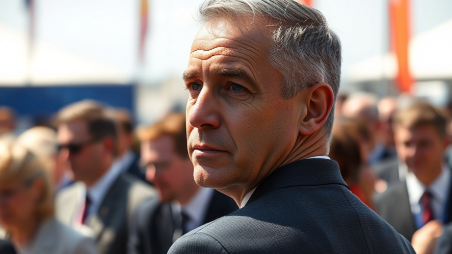 Man in suit at political event, serious expression.