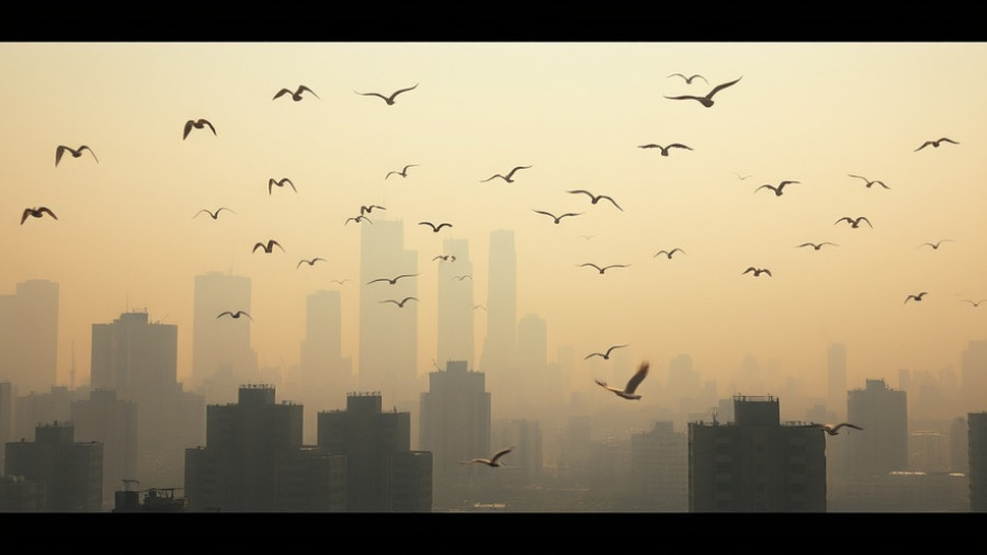 Hazy urban skyline with birds, highlighting Lebanon cancer rates impact.