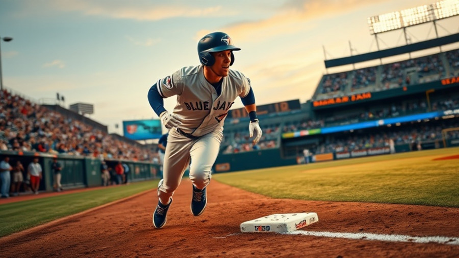 Blue Jays player energetically rounding base against Dodgers.