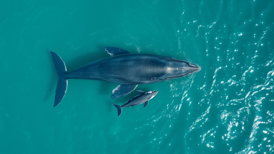 Aerial view of whale mother and calf in clear ocean water depicting disrupted whale and dolphin migrations.