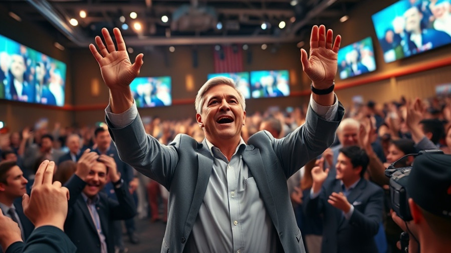 Javier Milei celebrating election win with supporters, vibrant scene.