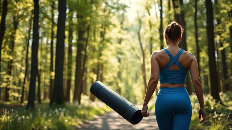 Woman with yoga mat walking in sunlit forest pathway, highlighting active lifestyle.
